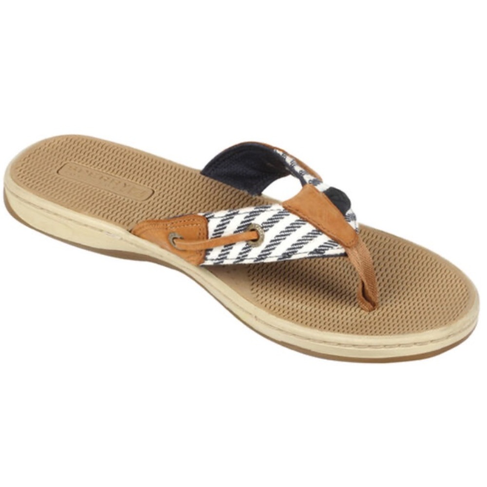 Sperry•9.5•Seafish Mariner Navy/White Stripe Flip-Flops•Cognac Leather + Lacing🌼